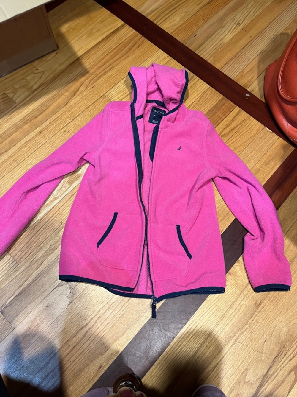Nautica Girls' Hot Pink Hooded Fleece Jacket with Navy Trim San no